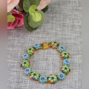 Vintage Joan Rivers Classics Collection Flower Enamel Rhinestones Bracelet